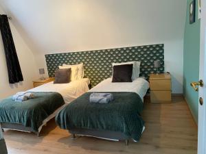 1 dormitorio con 2 camas individuales y mantas verdes en La maison du bienvenu, en Namur