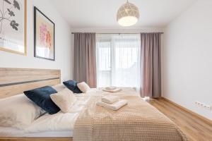 a bedroom with a large bed with blue pillows at BNB Slovakia Slnečnice Apartment 1 in Bratislava