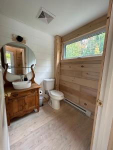 a bathroom with a toilet and a sink and a mirror at le vénÉrable in LʼAnse-Saint-Jean