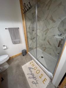a bathroom with a shower and a toilet at le vénÉrable in LʼAnse-Saint-Jean