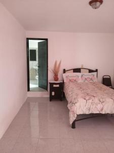 ein Schlafzimmer mit einem Bett und einem großen Spiegel in der Unterkunft Hostal Aztec in Temascalapa