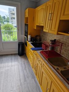 uma cozinha com armários amarelos, um lavatório e uma janela em Ian'Éliel Appart em Compiègne