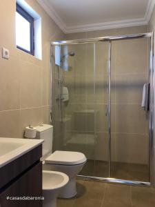a bathroom with a shower and a toilet and a sink at casas da Baronia casa Catarina in Vila Nova da Baronia