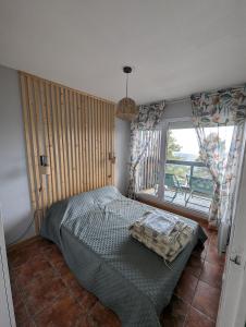 豐羅默奧代洛維亞的住宿－Charmant appartement centre ville de Font-Romeu, vue montagne，一间卧室设有一张床和一个大窗户