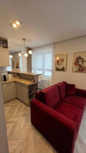 Una sala de estar con un sofá rojo y una cocina. en Apartament Centrum Ligota, en Katowice