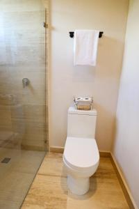 a bathroom with a white toilet and a shower at Akbal Tulum in Tulum