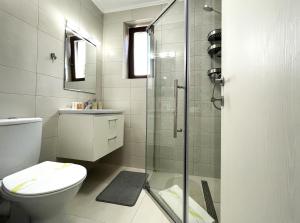 a bathroom with a toilet and a glass shower at Mountain River Loft in Buşteni +22 photos