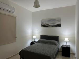 een slaapkamer met een bed en twee nachtkastjes met lampen bij Chariandry Residence, Limassol City Centre in Limassol