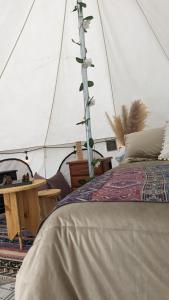 ein Schlafzimmer mit einem Bett in einem Zelt in der Unterkunft Killary Lodge in Cachanlo de Sidcay