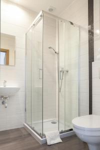 a bathroom with a shower and a toilet and a sink at Villa Marta in Augustów +23 photos