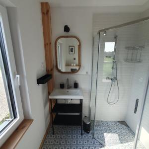 uma pequena casa de banho com um lavatório e um chuveiro em Bujanie w sitowiu em Wyszowate