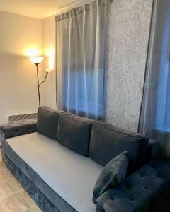 a couch sitting in a living room with a window at Guesthouse Vladimir & Ana in Pančevo