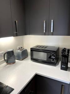 um balcão de cozinha com um micro-ondas e uma torradeira em Spacious One Bedroom Apartment em Hemel Hempstead