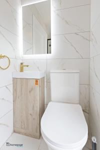 ein Badezimmer mit einem WC, einem Waschbecken und einem Spiegel in der Unterkunft Luxury Apartment - Roe Getaway Limavady in Limavady