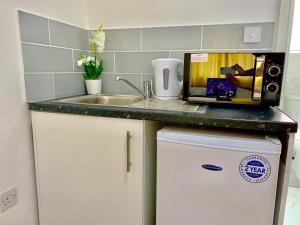 a kitchen counter with a sink and a microwave at London Studio Apartments Close to Station NP2 in London