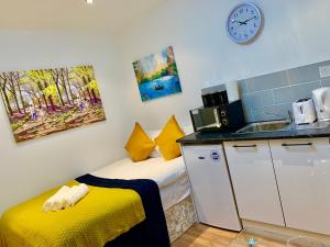 een kleine kamer met een kleine keuken met een wastafel bij London Studio Apartments Close to Station NP4 in Londen