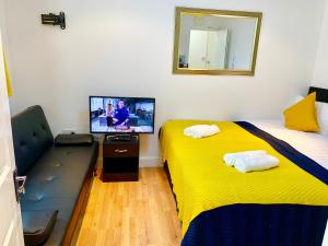 a room with two beds and a couch and a television at London Studio Apartments Close to Station NP5 in London
