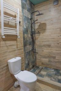 a bathroom with a toilet and a shower at Alagi Cottage at Bazaleti lake in Grigolaantkari