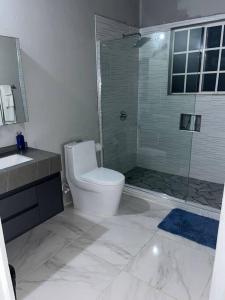 uma casa de banho com um chuveiro, um WC e um lavatório. em Oak Villa Montego Bay 2 Entire em Montego Bay