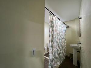 a bathroom with a shower curtain and a sink at Hotel Boutique Al-Basit in Cartagena de Indias