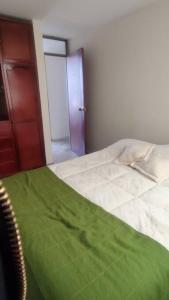 a bedroom with a bed with a green blanket on it at Acogedor y Luminoso apartamento in Tunja