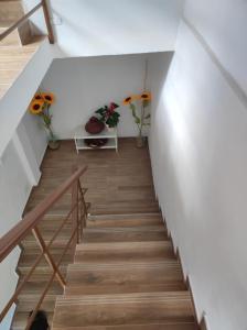 Una escalera con flores y jarrones. en CASA DONELA, en Hermigua