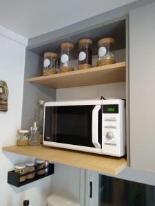 un microondas en un estante de una cocina en Le volquet Mar de las Pampas en Mar de las Pampas