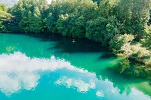 an aerial view of a river with trees and blue water at KanollyResorts Hakuba in Hakuba +77 photos