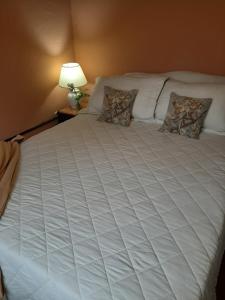 uma grande cama branca num quarto com um candeeiro em Delta Rose Farm em Tigre