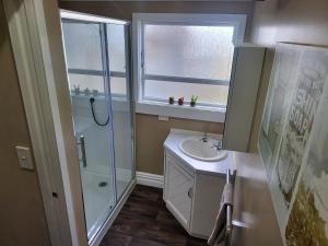 uma pequena casa de banho com um chuveiro e um lavatório. em Central Victoria Oasis em Hamilton