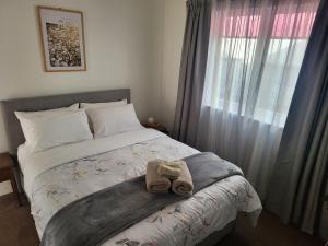 um quarto com uma cama com um bicho de peluche em Central Victoria Oasis em Hamilton
