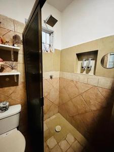 a bathroom with a shower with a toilet and a sink at Villa Los Duendes in Cancún
