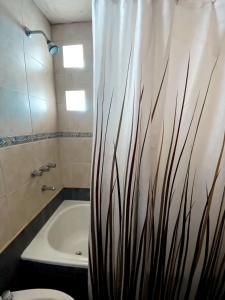 uma casa de banho com um WC e uma cortina de chuveiro em Amplio departamento céntrico em Santa Fé