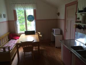 eine Küche und ein Esszimmer mit einem Tisch und Stühlen in der Unterkunft Station Sågen in Sågen