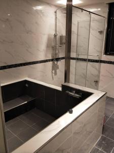 y baño con ducha acristalada y lavamanos. en Royal Rose Hotel Xinsheng en Taipéi