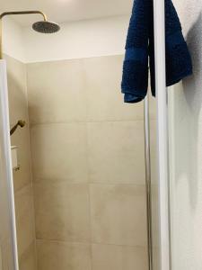 a bathroom with a shower with a blue towel at Ferienwohnung4youallgaeu Terrasse, WLAN, Parkplatz, Spielezimmer, Grill u. Natur in Engetried 