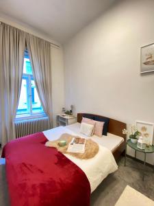 ein Schlafzimmer mit einem großen Bett mit einer roten Decke in der Unterkunft Sziv Apartment - Modern and Comfortable in Budapest