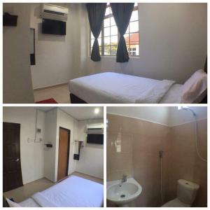 2 fotos de un dormitorio con cama y lavabo en Hotel De'light Villa, en Kota Bharu