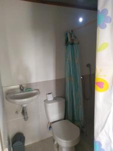 a bathroom with a toilet and a sink at Hostal El Nido del Azulejo in Baru
