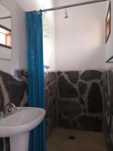 a bathroom with a sink and a shower curtain at HOTEL AVE FENIX in Mazunte