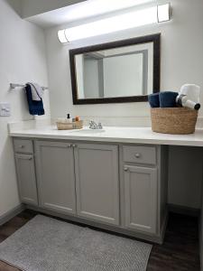 a bathroom with a sink and a mirror at Studio Unit in the MedCenter in Houston