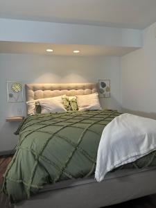 a large bed with a green comforter in a bedroom at Studio Unit in the MedCenter in Houston