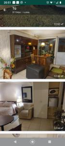 2 fotos de una sala de estar y una cocina en Hostal Renca, Casa Hotel, en Santiago
