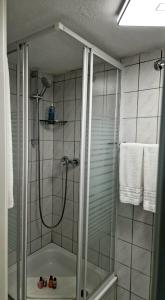 een badkamer met een douche en een glazen deur bij Pension Giovanni in Cochem