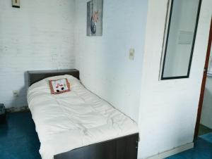 um pequeno quarto com uma cama com uma almofada em Tu hospedaje soñado em Durazno