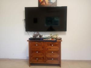 TV de pantalla plana en la parte superior de una cómoda de madera en דירת שי en Rishon LeẔiyyon