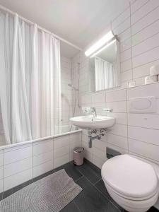 Modern 3-bedroom apartment in city centre في بازل: حمام ابيض مع مرحاض ومغسلة