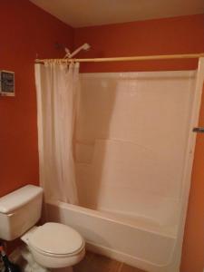 y baño con aseo y bañera con cortina de ducha. en Avalon Stay 7 nights minimum booking, en Jacksonville
