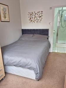 a large bed in a bedroom with a shower at Beautiful studio in Ely in Ely
