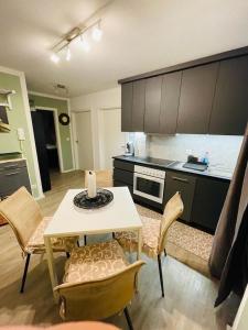 a kitchen with a table and chairs in a room at Plaza 112A RioFlats in Stuttgart